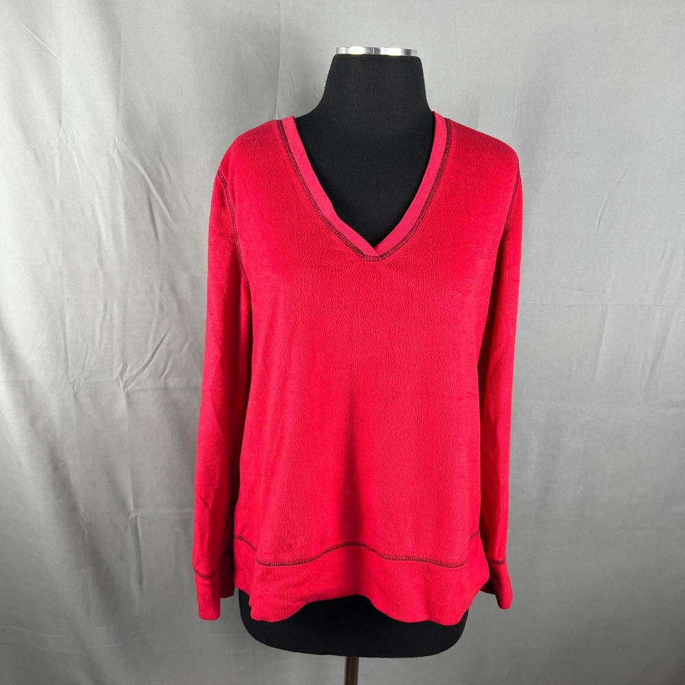 Flirtitude Pajama Top Womens XL Red Fleece Plunge V Neck Long Sleeve Sleepwear